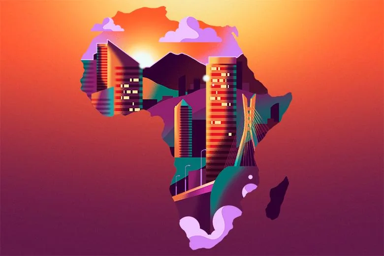 Stylized East African city skyline within the map of Africa