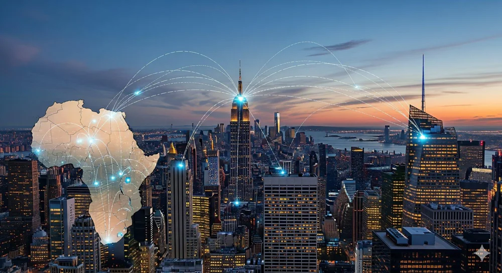 Africa connected to a North American skyline by glowing network arcs